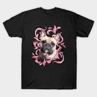 French bulldog, pink decorations leaves, frenchie lovers gift T-Shirt